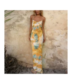 Trendy Tie-Dye Print Sundresses Slim Open Back Bag Hip Slip Dress Wholesale Maxi Dresses SDN533568
