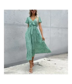 Wholesale Boho Dress Lotus Leaf Sleeve Bowknot V-Neck SD181173