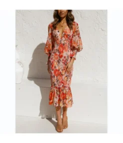 Long Sleeve V-Neck Printed Fishtail Slim Ruffle Dress Wholesale Dresses SDN535656