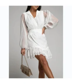 Plain Single-Breasted Lantern Sleeve Neck Nipped Waist Ruffle Dress Retro Wholesale Dresses SD95055