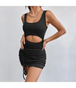Sexy Hollow Drawstring Mini Dress Square Neck Solid Color Sleeveless Bodycon Wholesale Dresses SDN560569