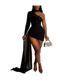 Sexy Waist-Cinched One-Shoulder Train Dress Wholesale Womens Clothing N3823103000080