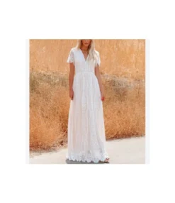 Solid Color V Neck Short Sleeve Lace Hollow High Waist Swing Wedding Dress Wholesale Maxi Dresses SDN533089