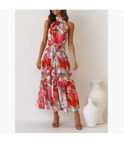 Printed Halterneck Sleeveless Tie-Up Waist Swing Smocked Dress Wholesale Dresses SDN534692