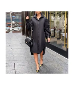 Solid Button Down Lantern Sleeve Irregular Shirt Dress SD080177