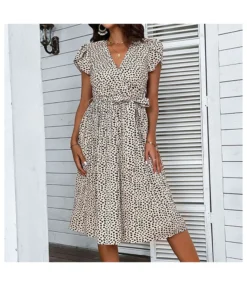 Sexy V Neck Leopard Print Dress Loose Beach Vacation Short Sleeve Lace Up Wholesale Dresses SD580124