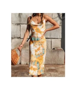 Tie Dye Print Sundresses Open Back Sling Slim Slit Mid-Length A-Line Dress Wholesale Dresses SDN533018