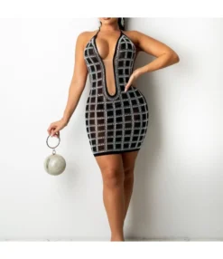 Diamond Checked Halter Women Dress SD110116
