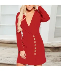 Sexy Deep-V Neck Long Sleeve Button Single Breasted Slim Suit Dress Wholesale Dresses SDN537284