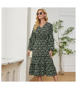 Lantern Sleeve Wooden Ear Print Slim V-Neck Midi Dress Wholesale Dresses SDV463970