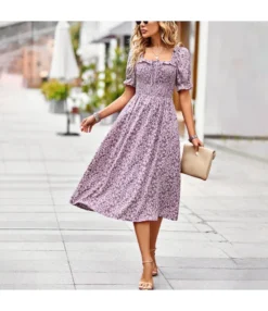 Summer Puff Sleeve Casual Square Collar Floral Swing Dress Wholesale Dresses N5323022200257