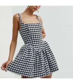 Houndstooth Suspender Mini Dress High Waist A-Line Slim Wholesale Dresses SDN561212
