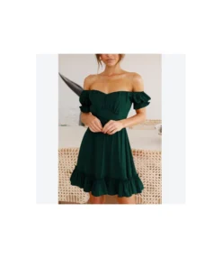 Solid Color Puff Sleeve Ruffles Off Shoulder Tied Rope Vacation Dress Wholesale Dresses SD203764