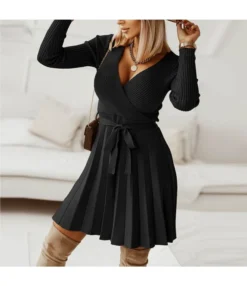 Sexy Deep-V Long Sleeve Knit Pleated A-Line Dress Wholesale Jersey Dresses SDN536048