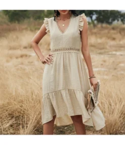 Solid Color V Neck Fril Sleeve Cutout Irregular Hem Ruffled Tank Dress Casual Wholesale Dresses SDN533136