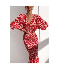 Floral Printed Deep-V Lantern Sleeves Elasticated Fishtail Skirt Style Bag Hip Dress Wholesale Dresses SDN532453