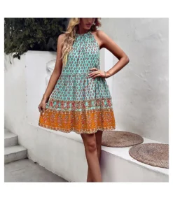 Fashion Print Halter Neck Dress Swing Casual Resort Wholesale Womens Bohemian Dresses With Pockets SDN560296