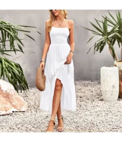 Solid Color Wrap Chest Backless Vacation Suspender Sling Smocked Dress Wholesale Maxi Dresses N5323021300012