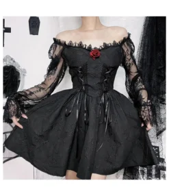 Dark Three-Dimensional Floral Lace Long-Sleeved A-Swing Princess Dress Wholesale Dresses SDV464254