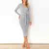 Long-Sleeve V-Neck Slim-Fit Tie Midi Bodycon Knit Dress Wholesale Dresses SDN537004