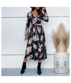 Long-Sleeve Printed V-Neck Tie-Up Waist Floral Dress Wholesale Dresses SDN538173