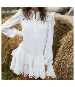 Fashion Hollow Lace Ladies T Shirt Dress Wholesale Long Sleeve SD202527
