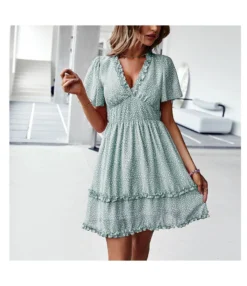 Printed Short Sleeve Agaric Laces High Waist Ruffled Dress Wholesale Dresses SDN538425