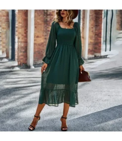 Solid Color Square Neck Long Sleeve Vintage Jacquard Dress Wholesale Dresses SDN537201