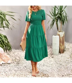 Solid Color Puff Sleeve Slimming Round Neck Smocked Dress Wholesale Dresses SDN539513