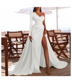 Satin Dress With Sloping Shoulder&Thigh Split Party Dress SD150065