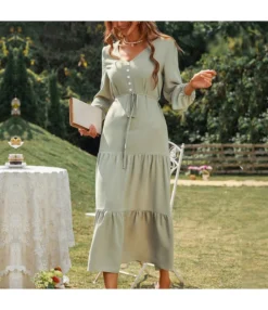 Casual Loose Long-Sleeved Peplum Lace-Up Midi Dress Wholesale Dresses SDN561500