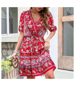 Ethnic Style Print V Neck Tie-Up Resort Dresses Wholesale Bohemian Dress For Women SDN535891