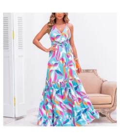 Printed Sling V Neck Backless Lace-Up Waist Smocked Dress Vacation Wholesale Maxi Dresses SDN533514