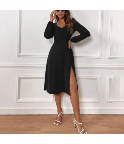 Solid Color V-Neck Slit Long-Sleeve Slim Midi A-Line Dress Wholesale Dresses SDN537343