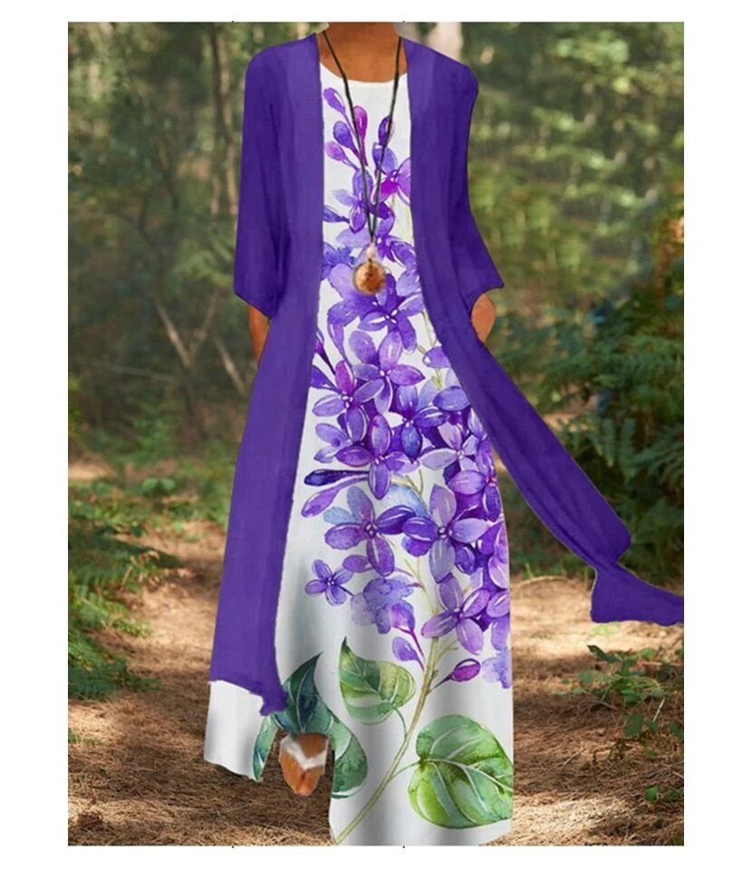 Printed Mid-Sleeve Loose Casual Coat & Maxi Dress Fashion Wholesale Womens 2 Piece Sets SD204468 - Image 7