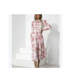 Printed Half Collar Bowknot Lantern Sleeve Loose Ruffled Midi Dress Casual Wholesale Dresses SDN533161