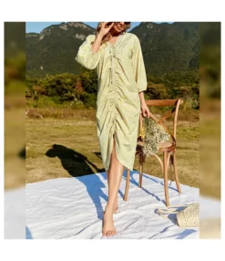 Sexy V-Neck Pleated Floral Print Wholesale Dresses Mid-Sleeve Vacation Bohemian Dress For Women SD55509