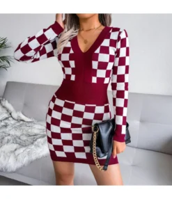 Sexy Knitted Dress Women V-Neck Plaid Printing SD162181
