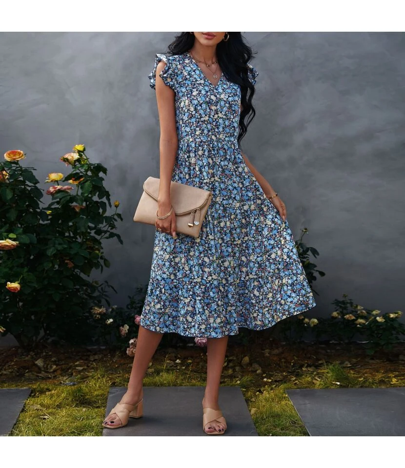 Floral Print V-Neck Frill Sleeve Midi Swing Dress Casual Summer Wholesale Dresses SD204674 - Image 4