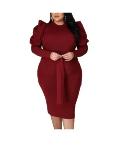 Fashionable Solid Color Long Sleeve Belted Slim Fit Wholesale Plus Size Dress Clothing N3823100900055