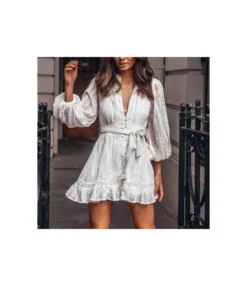 V Neck Solid Color Long Sleeve Ruffles Lace Swing Dress Chic Vacation Wholesale Dresses SD531768