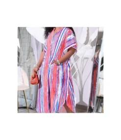 Short Sleeve Baggy Striped Button Down Shirt Long Dress SD080534