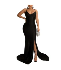 V-Neck Low Cut Solid Color Slit Sling Evening Dress Wholesale Maxi Dresses SDN535393