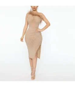 Sexy One Sholder See-Through Bead Furry Bodycon Dress Wholesale Dresses SDN537214