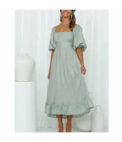 Square Neck Balloon Sleeve Ruffled Swing Vintage Dress Wholesale Dresses SDN535635
