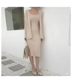 Wholesale Womens 2 Piece Sets Sling Knitted Midi Dress & Long Sleeve Cardigan SON562672