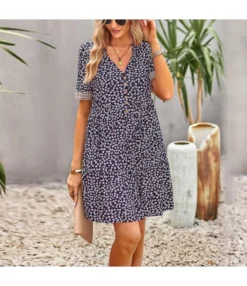 Short-Sleeved Casual Loose V-Neck Floral Printed Swing Dress Wholesale Dresses N5323022700048
