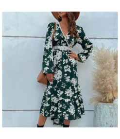 Floral Print Ruffle Long Sleeve Irregular Midi Dress Wholesale Dresses SDN538422
