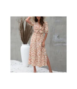 Elegant Lantern Sleeve Knotted Print Midi Dress Sexy V Neck Side Slit Wholesale Dresses SDN560361