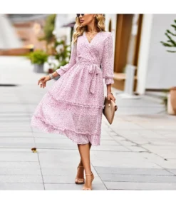 Temperament Elegant Tie-Up Waist V-Neck 3/4 Sleeve Floral Swing Dress Wholesale Dresses N5323022700047